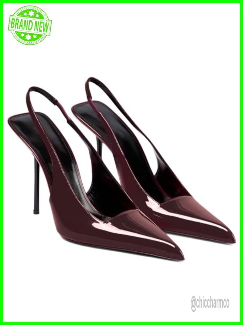Patent Leather Slingback Stiletto Heels Pointed Toe Pumps 4.13in Heel Elastic